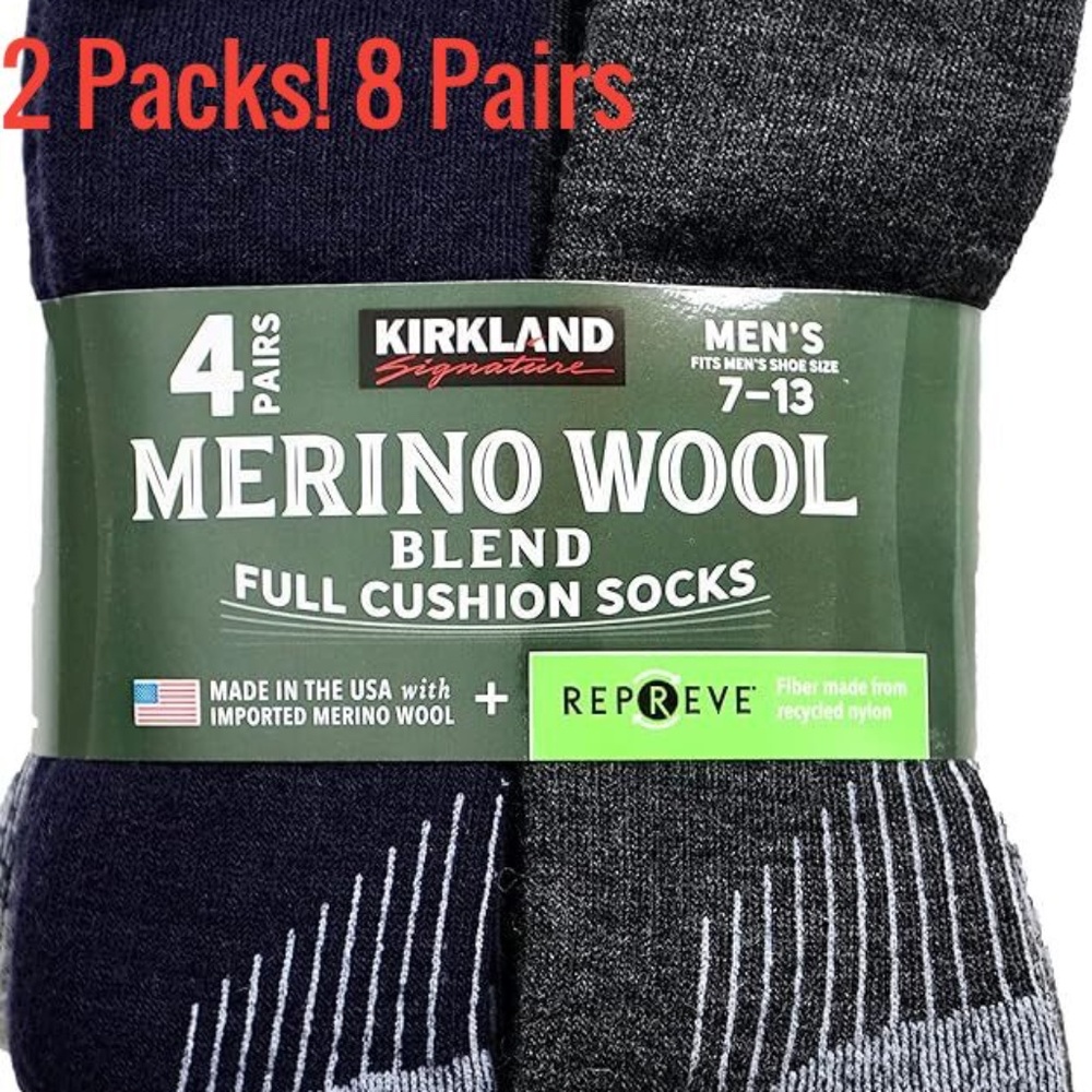 2 Packs--Kirkland Merino Wool Full Cushion Socks Size , 8 pairs